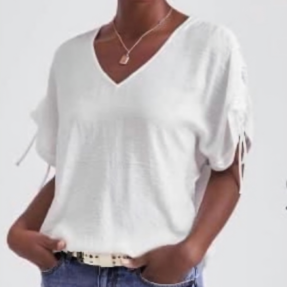 White V-Neck Short Sleeve Tunic Top with Ruched Tie Sleeves - Cabi.Size L